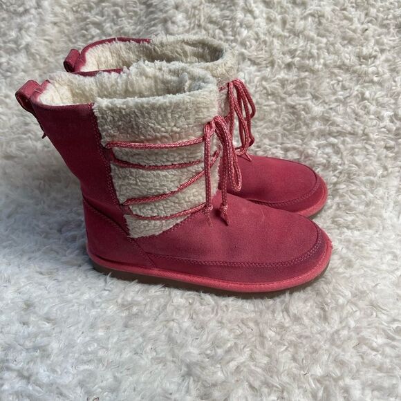 Kookaburra by UGG leather pink Girl winter boots beige fur lace up accent SZ3 - Picture 1 of 12